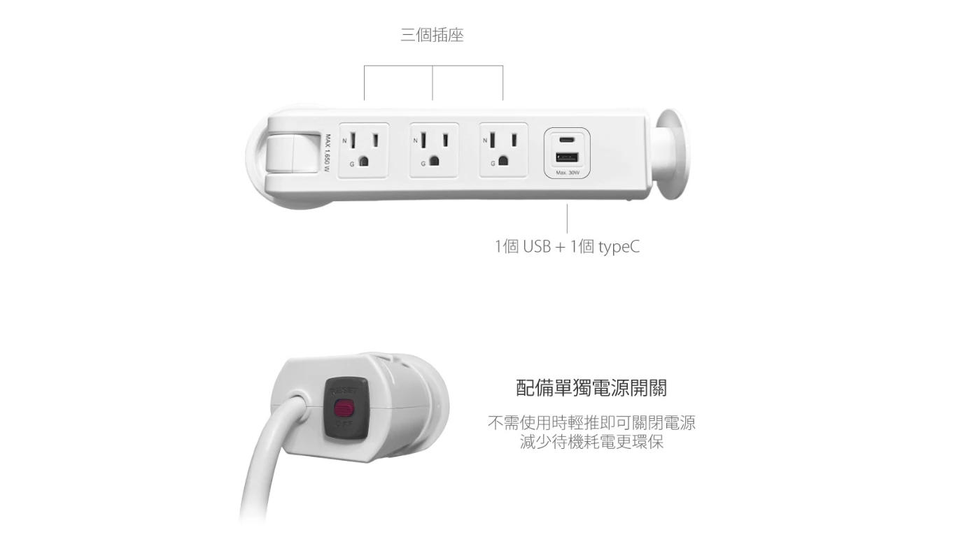 孔式桌上型延長線-3插+USB+TypeC_9